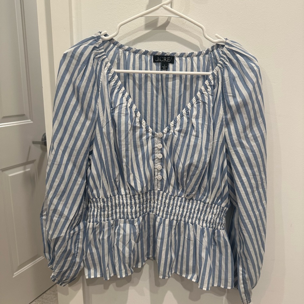 J. Crew Blue and White Striped V-Neck Blouse